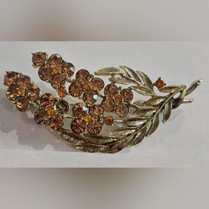 #Vintage Leaf #Brooch Silver Tone. 34 Coral Pink Rose Tone Rhinestones